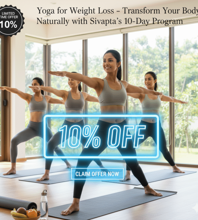 Women practicing yoga in a serene studio with a "10% OFF" promotion for a weight loss program.